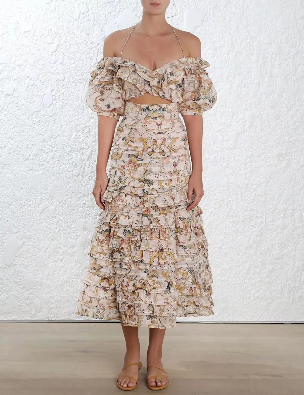 

Women Empire Waist Multicolor Peach Tapestry Folds Ruffle Painted Hearts Midi Skirt