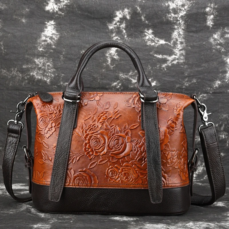 Женская сумка-тоут из натуральной кожи, Женская винтажная тисненая сумка с верхней ручкой, женская сумка через плечо с рисунком розы, сумки-мессенджеры