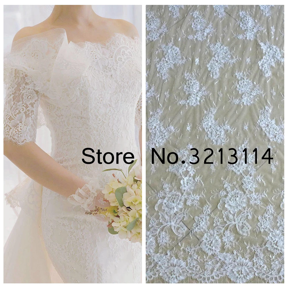 

Hot popular 150CM Wide x 3Meters/PC Gorgeous Off White Eyelash Cord Lace Trim Embroidered Applique Wedding Chantilly Lace Fabric
