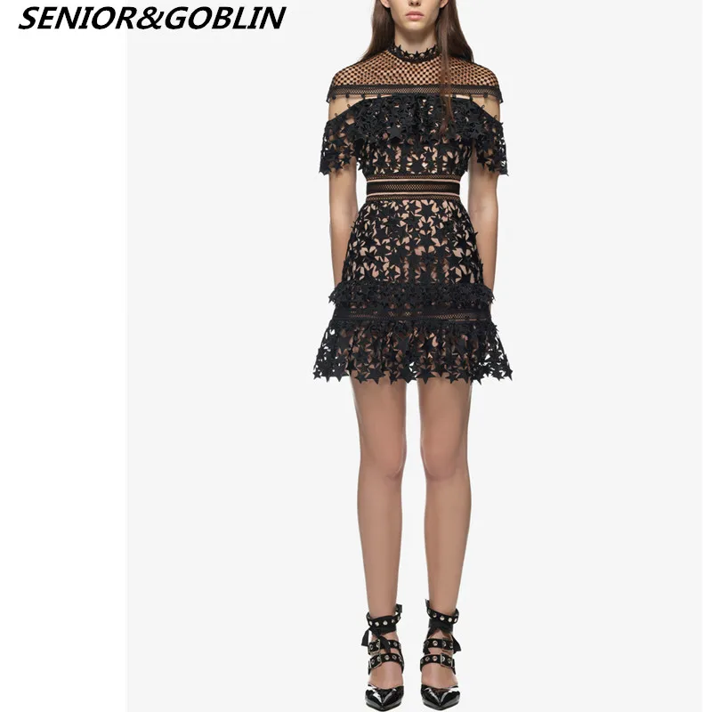 

High Quality woman dress 2019 new arrival summer Runway sexiness black Lace Dress