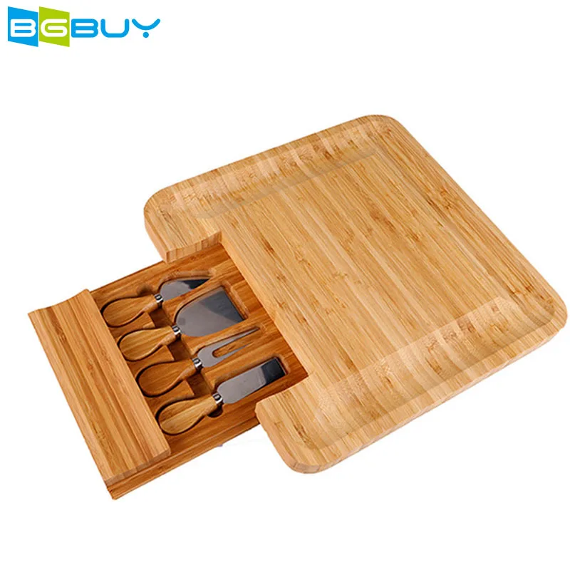 

Cheese Board Set, Charcuterie Board, Cheese Cutting Plate, Bamboo Serving Tray with Cutlery Knives in Drawer,Wood Platter Plate