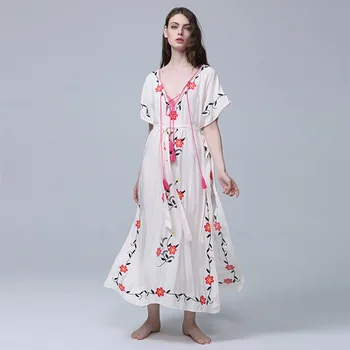 

V-neck Vintage Loose Embroidery Ankle-length Batwing Sleeve Dress Women White Ethnic Style Artistic Women's Clothing