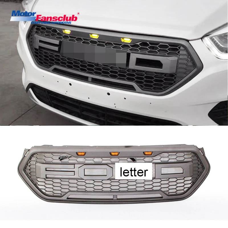 

Car Racing Grille For Ford Escape Grill 2017 Raptor Pickup With Grey Badge Letter LED Blub Mesh Radiator Bumper Modify Exterior