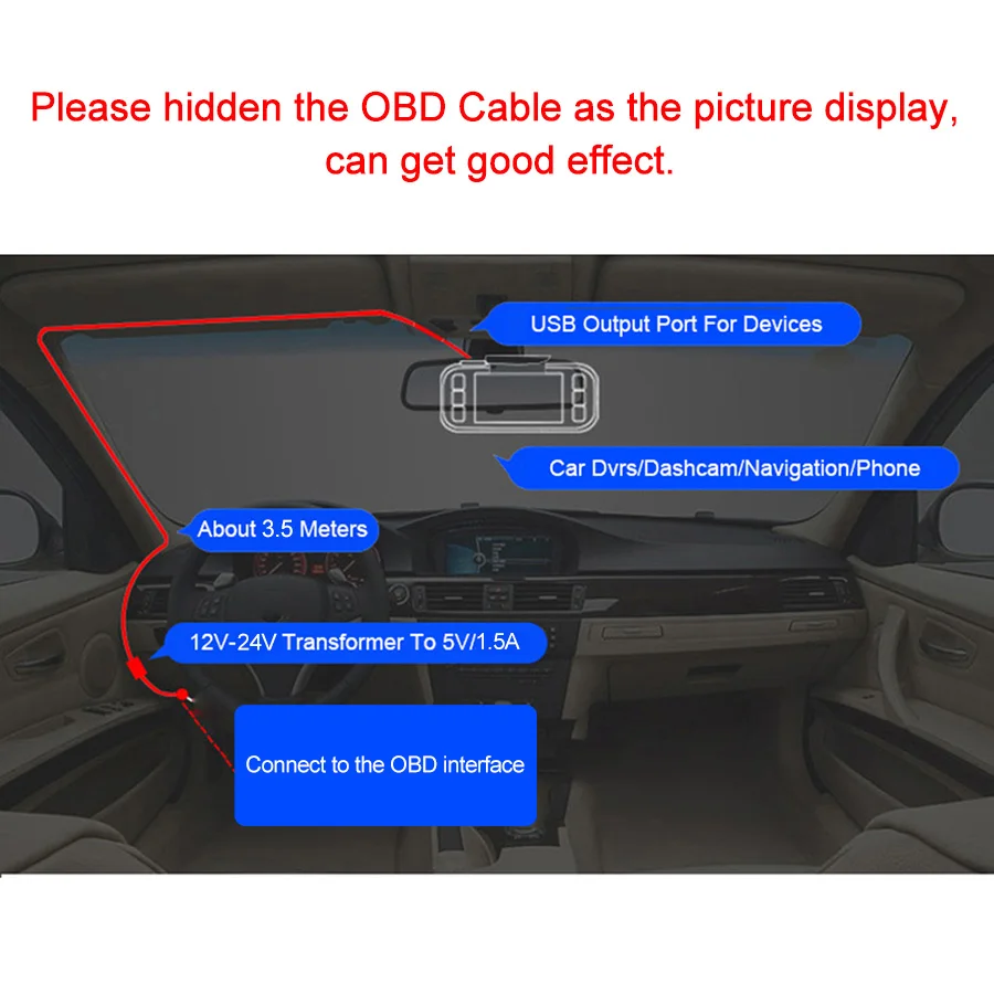 E-ACE кабель OBD для автомобильных видеорегистраторов напряжение 12 В до 5 В 0.5A-2A понижающий мини USB порт длиной 3,5 метров для автомобильного видеорегистратора DVR камера