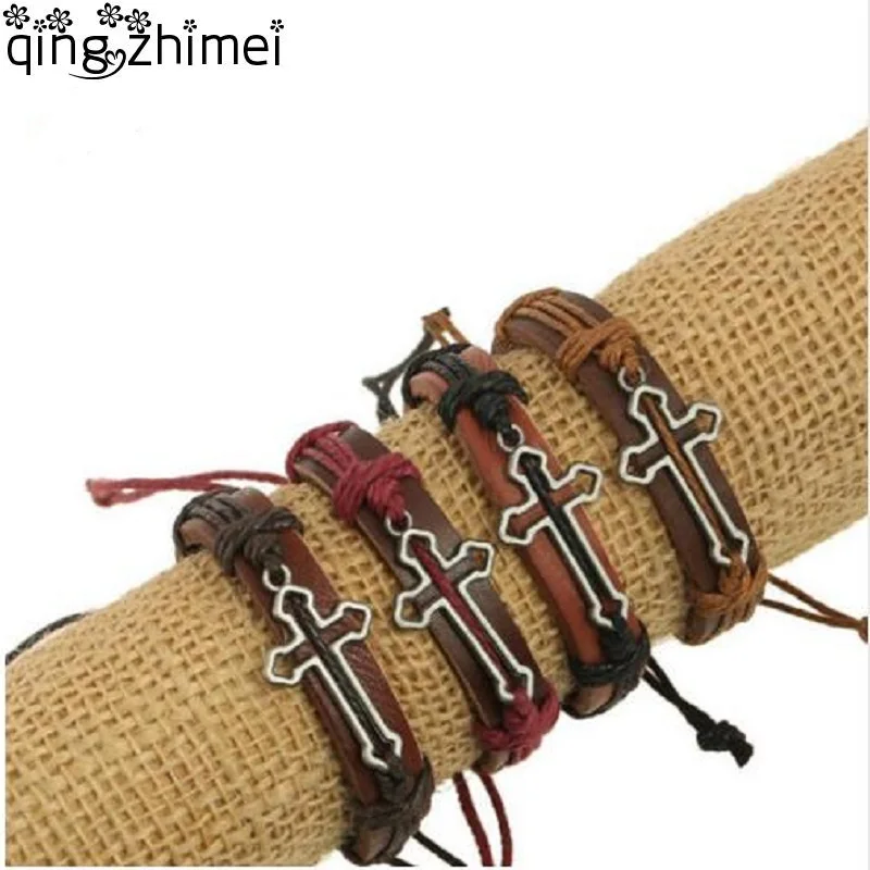 Сплав длинный полый крест мужские ID браслеты толстый кожаный ремень браслет на запястье браслеты Винтажные Ювелирные изделия мужской браслет