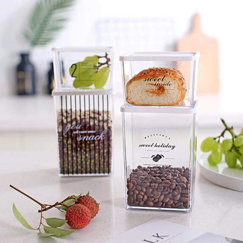 

New Printed Square Clear Plastic Large Capacity Food Storage Containers with Lids Kitchen Storage Pot Jar For Dry Grain Fruit