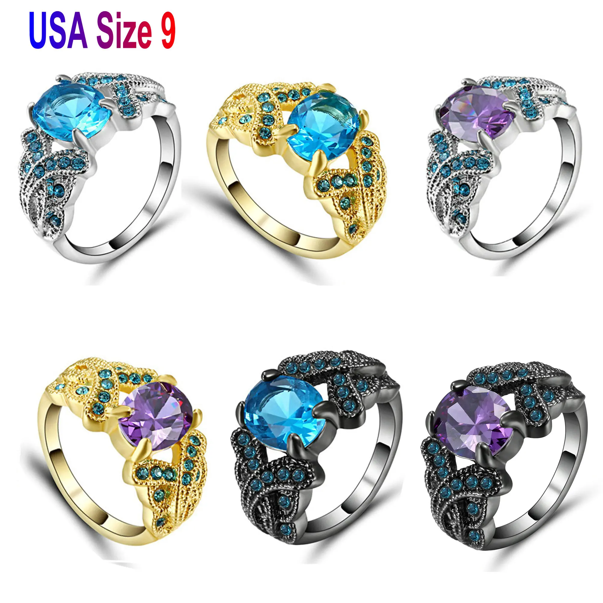 Sky-Blue & Purple Cross Ring Size 9 Fashion White & Black & Gold Colour Jewelry Vintage Wedding Rings for Women Birthday Gift