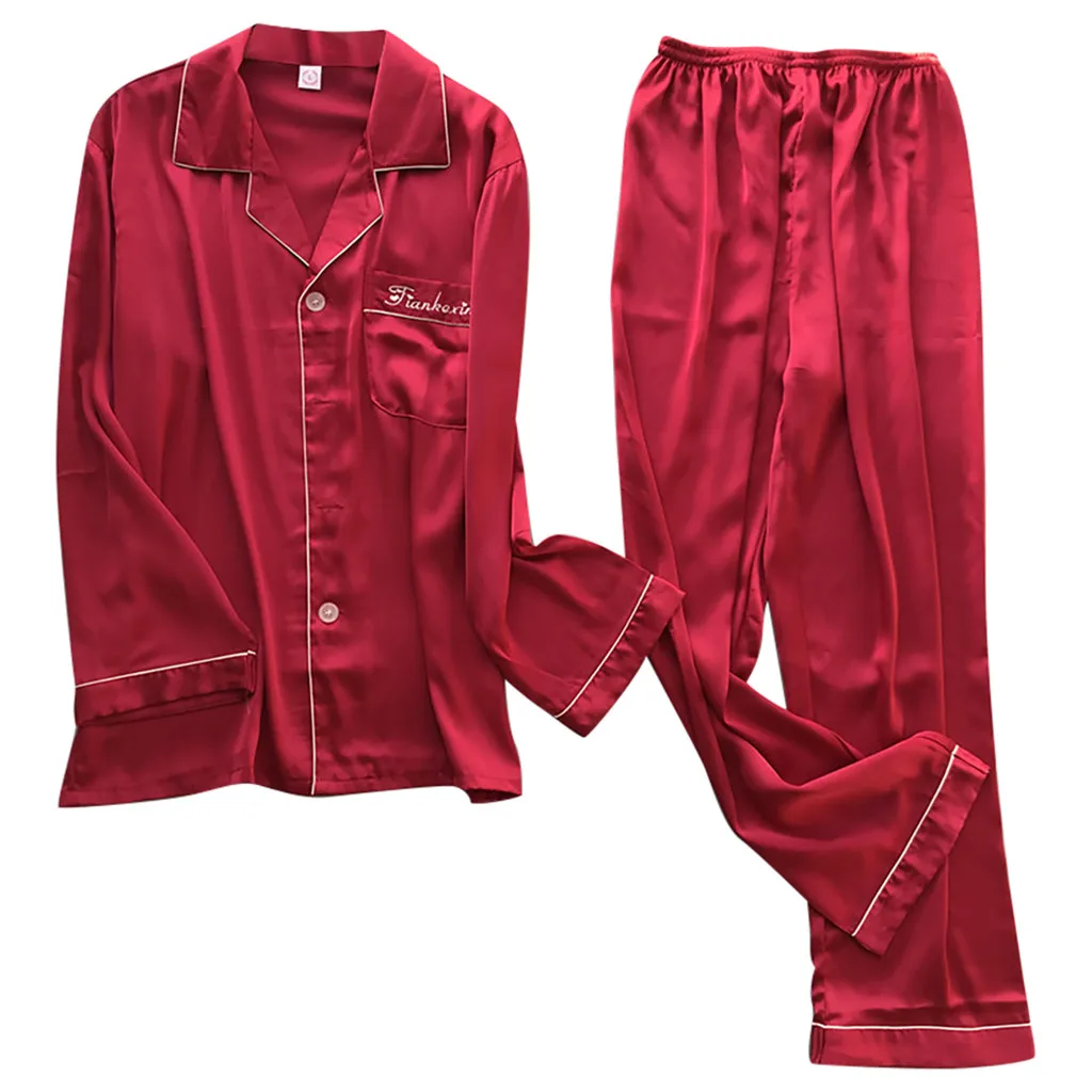 

YOUYEDIAN Men Simulation Silk Pajamas set Lingerie Plus Size Long Sleeve Long Sleep Pajama Sets Pants Set Pijama hombre#g35