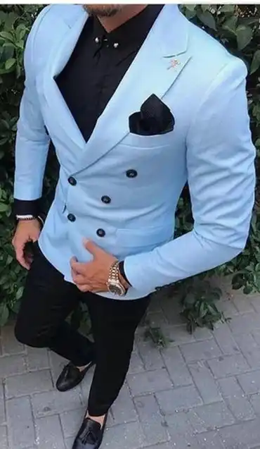blue coat black pants