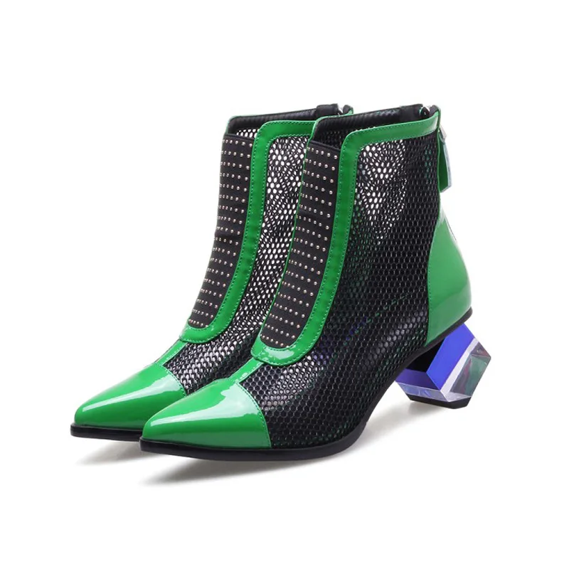 Summer Boots Shoes Woman 2018 Spring Fashion Mesh Ankle Boots For Women Patent Genuine Leather Color Block High Heels For Woman (22)