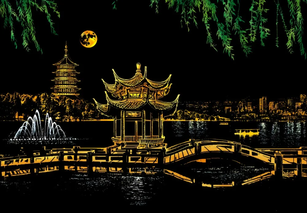 Hangzhou West Lake роскошный цвет царапин ночного вида фольга слойное покрытие карты