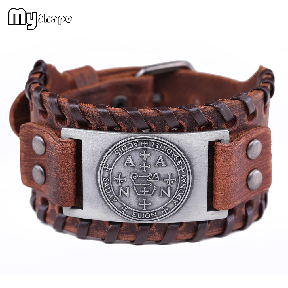 

My Shape Vintage Uriel Angel Wristband Cuff Bracelets Genuine Leather Calf Strap Metal talisman Bracelet Bangle solomon jewelry