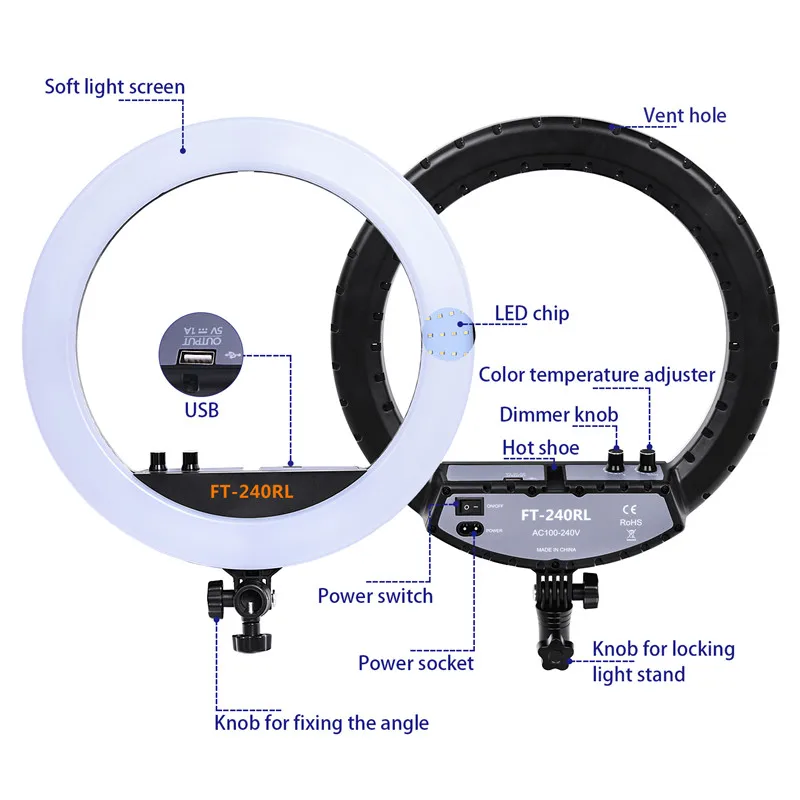 Fosoto FT-240RL 14 дюймов фотографический светильник ing 3200-5600K кольцевая лампа для камеры фотостудии телефон светодиодный кольцевой светильник штатив Стенд пульт дистанционного управления