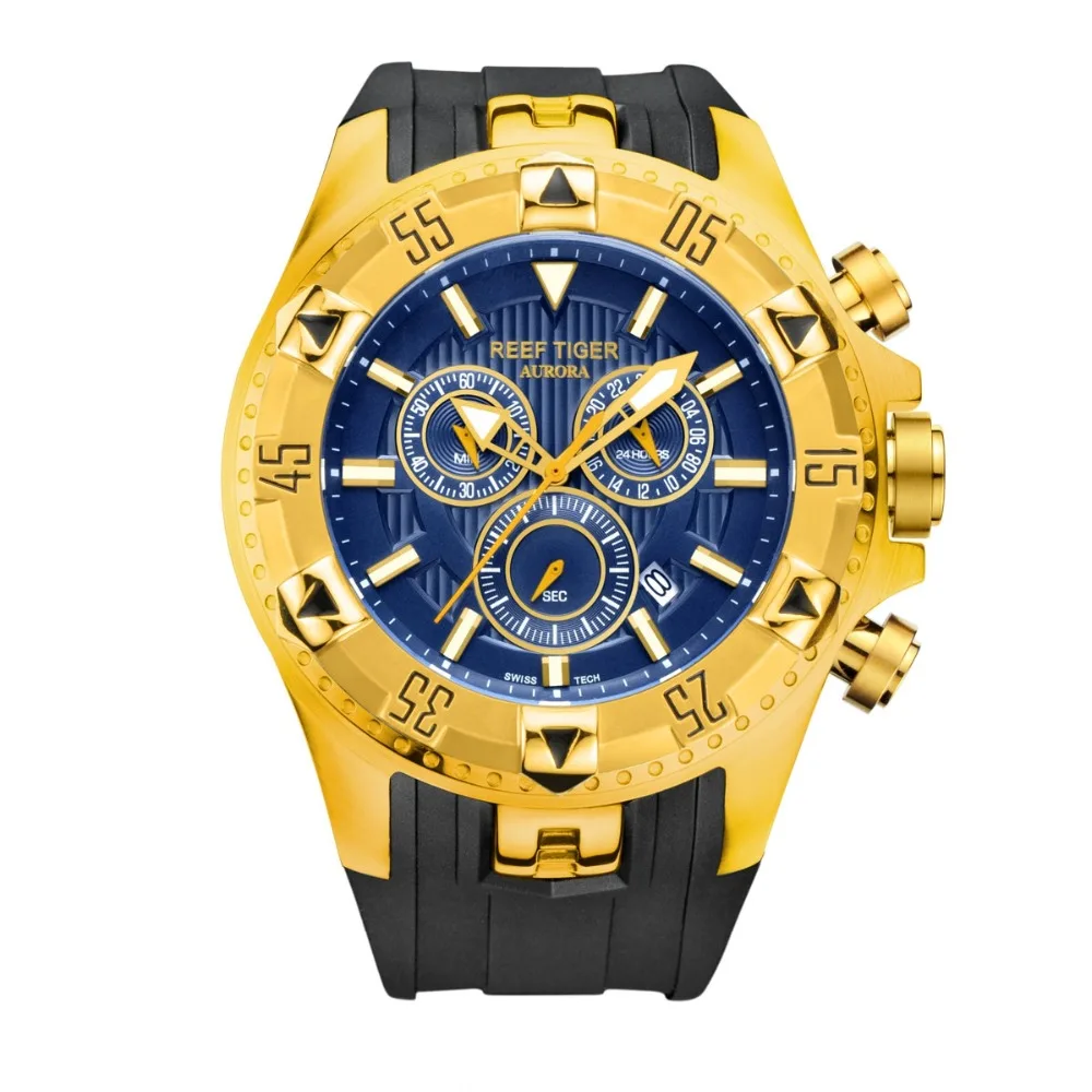 Reef Tiger/RT спортивные часы для мужчин с хронографом Дата желтый золотой резиновый ремешок кварцевые часы reloj hombre masculino RGA303