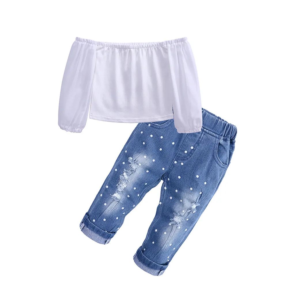 

MUQGEW 2019 Girls Clothing Sets Infant Toddler Baby Girls Off Shoulder Tops Pearl Denim Pants Outfits Set Children Baby Clothes