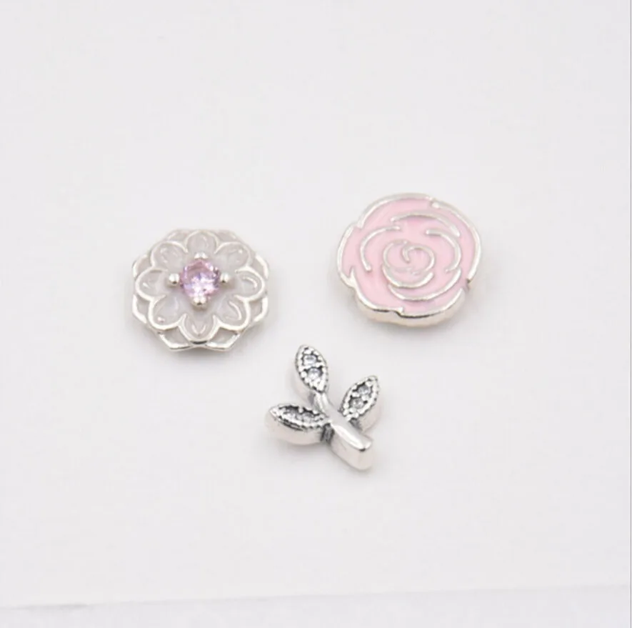 

Fits Pandora bracelet Leaf flower charm Original 925 sterling silver jewelry Pink enamel and zircon Silver charm DIY making