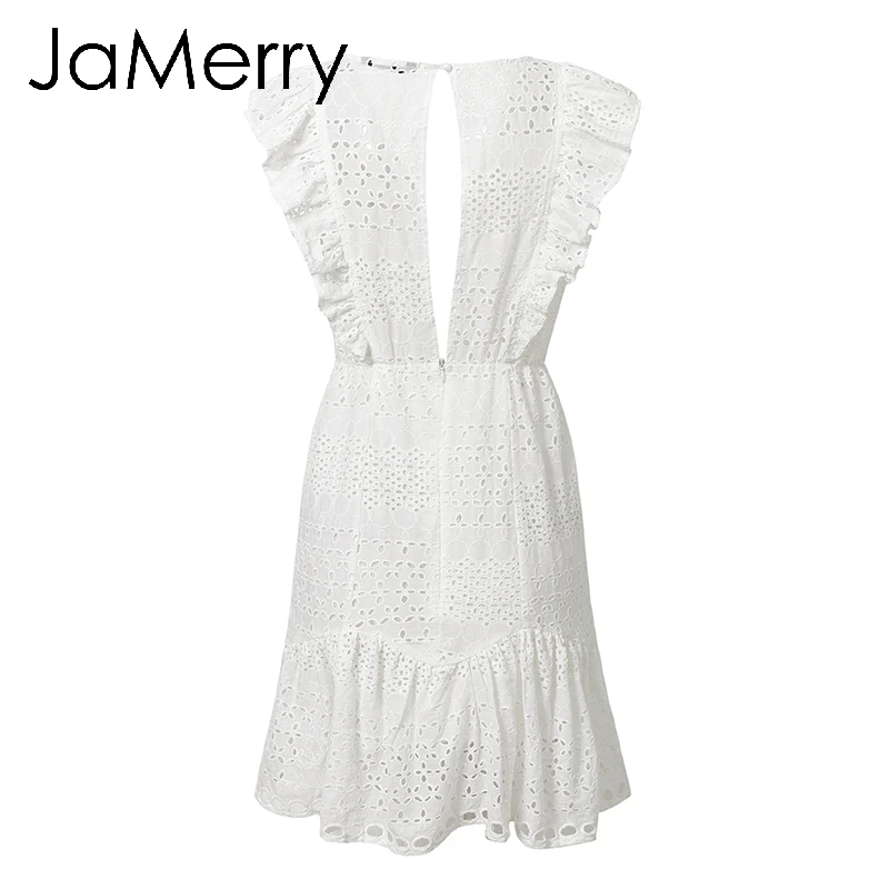 Женское винтажное короткое платье JaMerry белое кружевное хлопковое с вышивкой и - Фото №1
