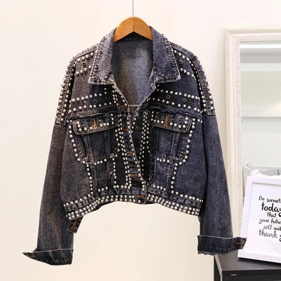 Denim Automne Veste Main Ample Étudiants Court bleu Nouveau En 2018 Rivet Clouté Femmes Noir Manteaux Casual Jean Outwear q56Fxn4