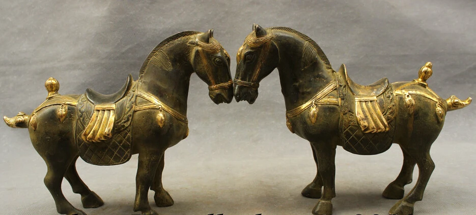 

JP S0114 10" Folk Chinese Bronze Copper Gilt Wealth JiXiang Stand Horse Gee Statue Pair