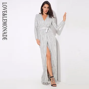 

LOVE & LEMONADE Silver Stripes Cross V Collar Body Long Dresses LMLM6546