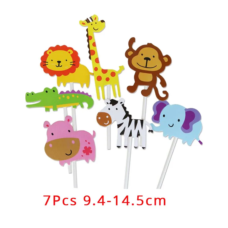 7pcs Cake Topper Джунгли день рождения одноразовая посуда Джунгли животных одноразовые тарелки чашки детские салфетки принадлежности сафари Декор - Цвет: 7pcs Cake Topper
