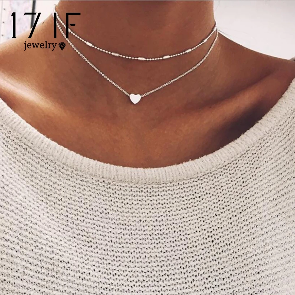 

17IF New Silver Gold Color Love Heart Pendant Necklace Short Chain Layered Choker Necklace Women Statement Collar Jewelry Gift