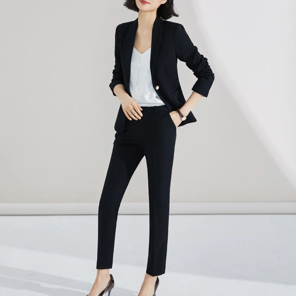 

Woman's Suit 2 Piece Office Trousers Set Suits the Feminine Black Blazer Jacket +Long Pant Suit Costume Femme Blazer Set ow0517