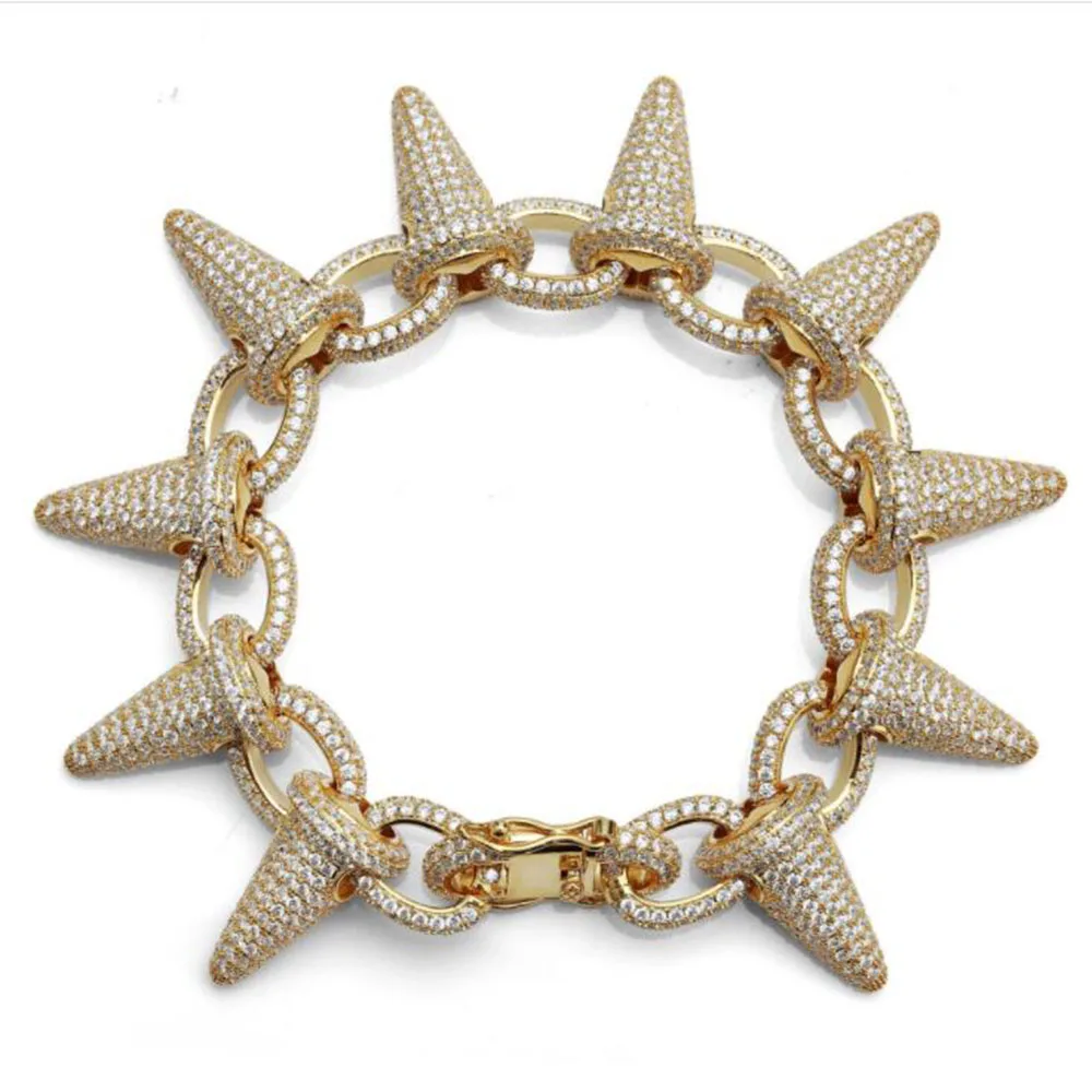 gold Роскошная Рок Мода Iced Out заклепочные шипы браслеты микро проложить Bling Циркон хип хоп браслеты золотые серебряные подарки для мужчин и женщин - Окраска металла: gold