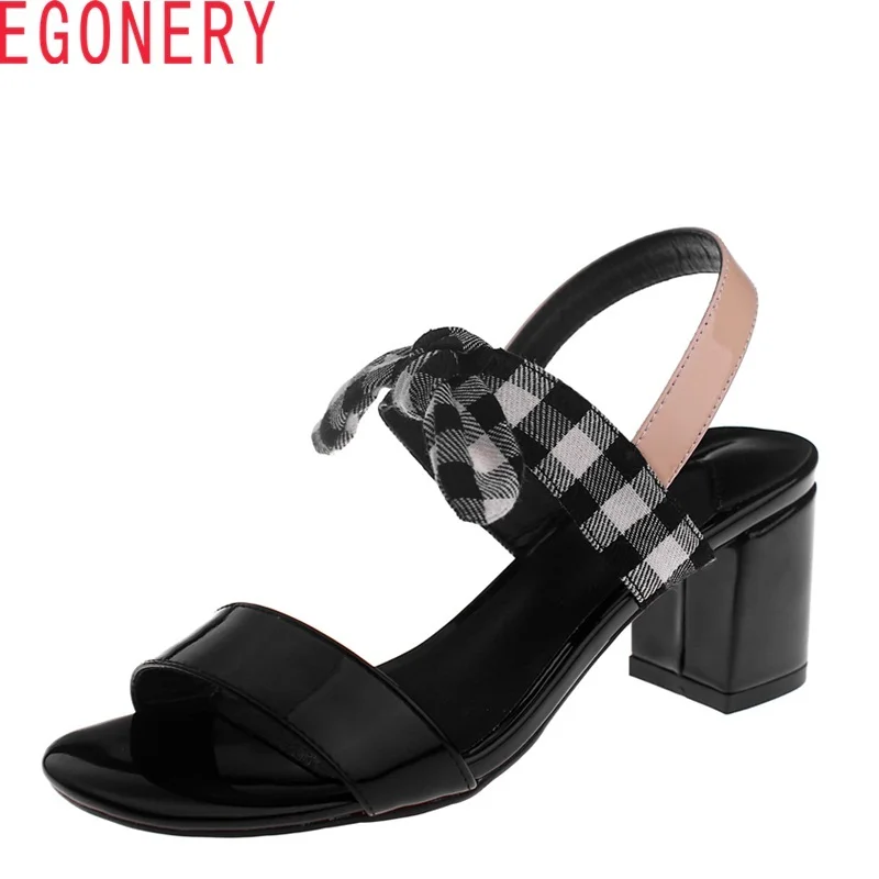 

EGONERY 2108 new genuine leather lace-up sandals gingham concise cross-tied med square heel women's comfort sandals
