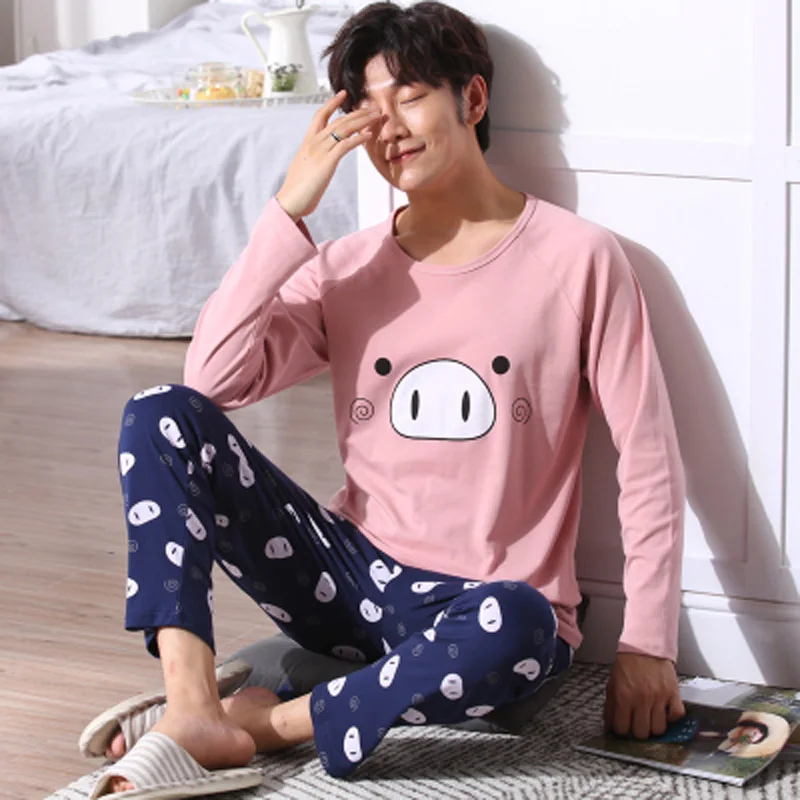 

Yidanna Men Winter Long Sleeved Pajamas Set Sleep Clothing Cotton Sleepwear Nightwear Male Nighty Cartoon Casual O Neck Fashion