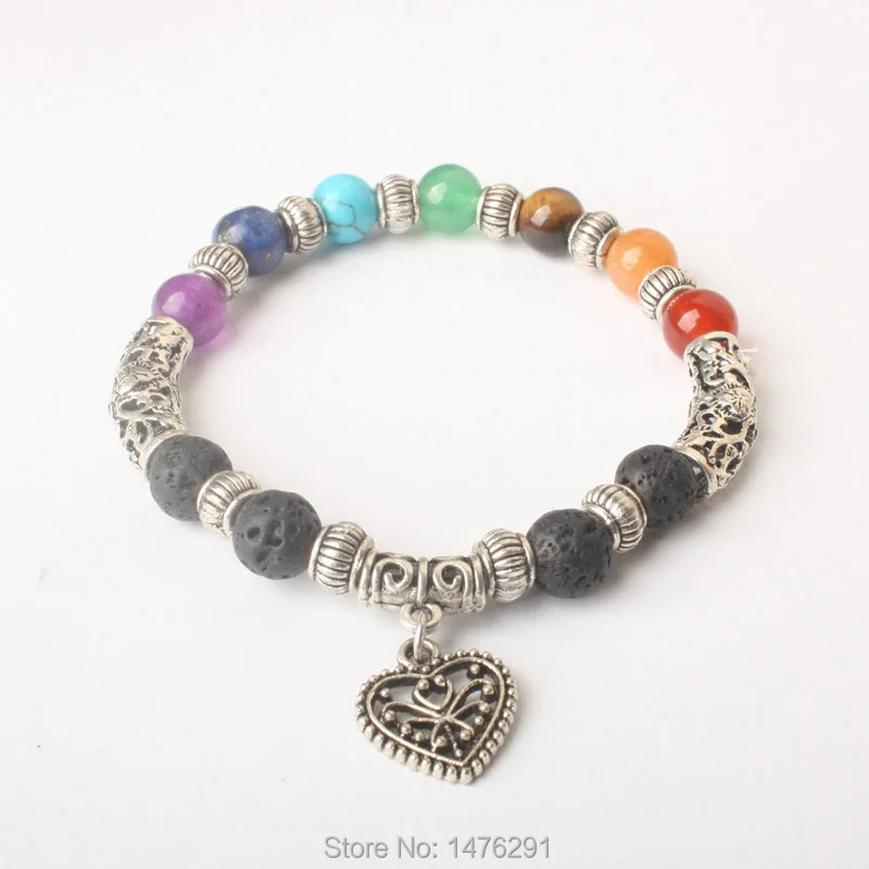 8X8MM Volcano Lapis Tiger Eye Carnelian Aventurine Round Beads Heart-shaped alloy Pendant Stretchy Bracelet Bangle 7&quotL | Украшения и