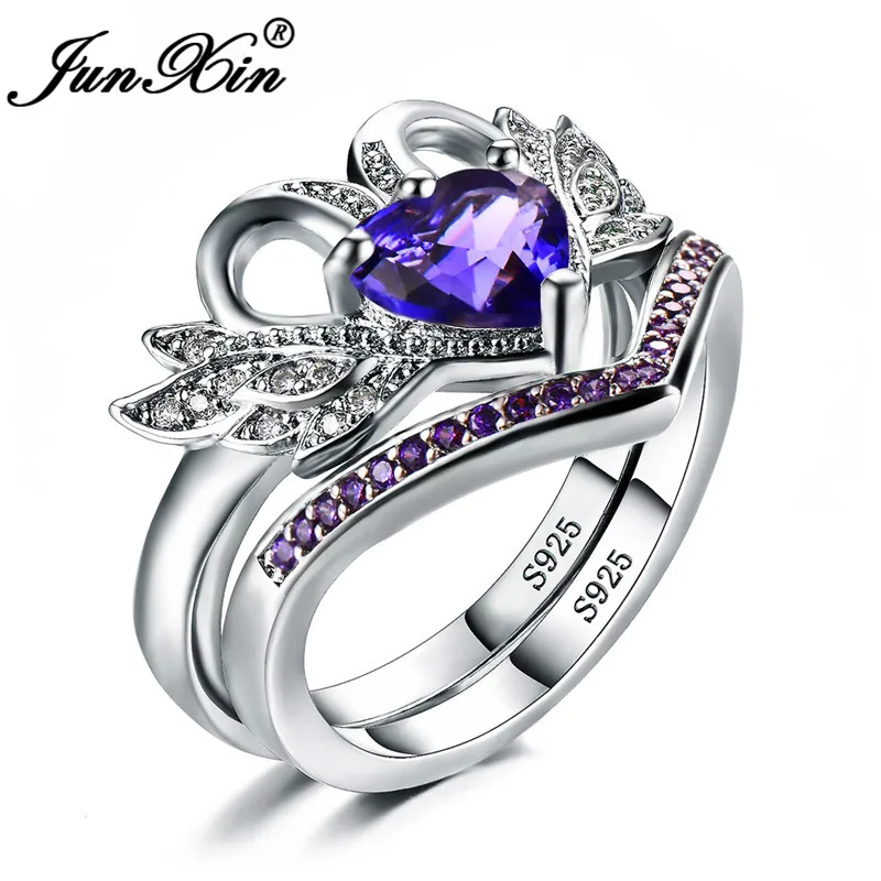 Милый красный фиолетовый синий Лебедь сердце кольцо Набор Мода 925 серебряная волна обручальное кольцо обещания обручальные кольца для женщин - Цвет основного камня: Purple