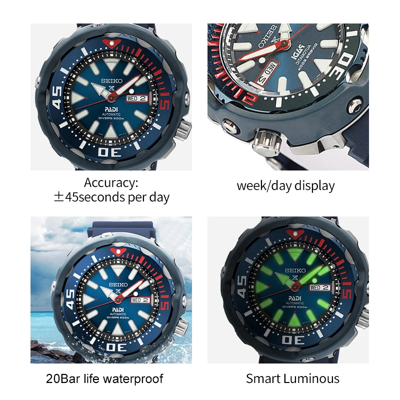 Оригинальные часы Seiko Padi, 20 бар, водонепроницаемые автоматические мужские часы, высокопрочные ремешки из смолы для ныряльщика, для плавания SRPA83J1
