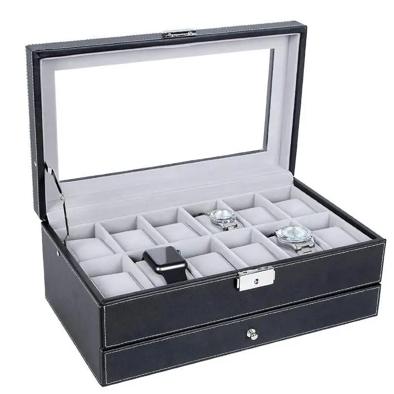 

OUNONA Wooden 12 Slots Double-Deck Watch Case Storage Organizer Box Luxury Jewelry Ring Display Watch Boxes Black