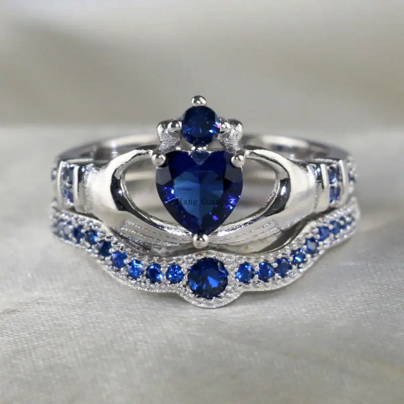 Claddagh Ring White Gold Filled Heart Blue Zircon Wedding Band