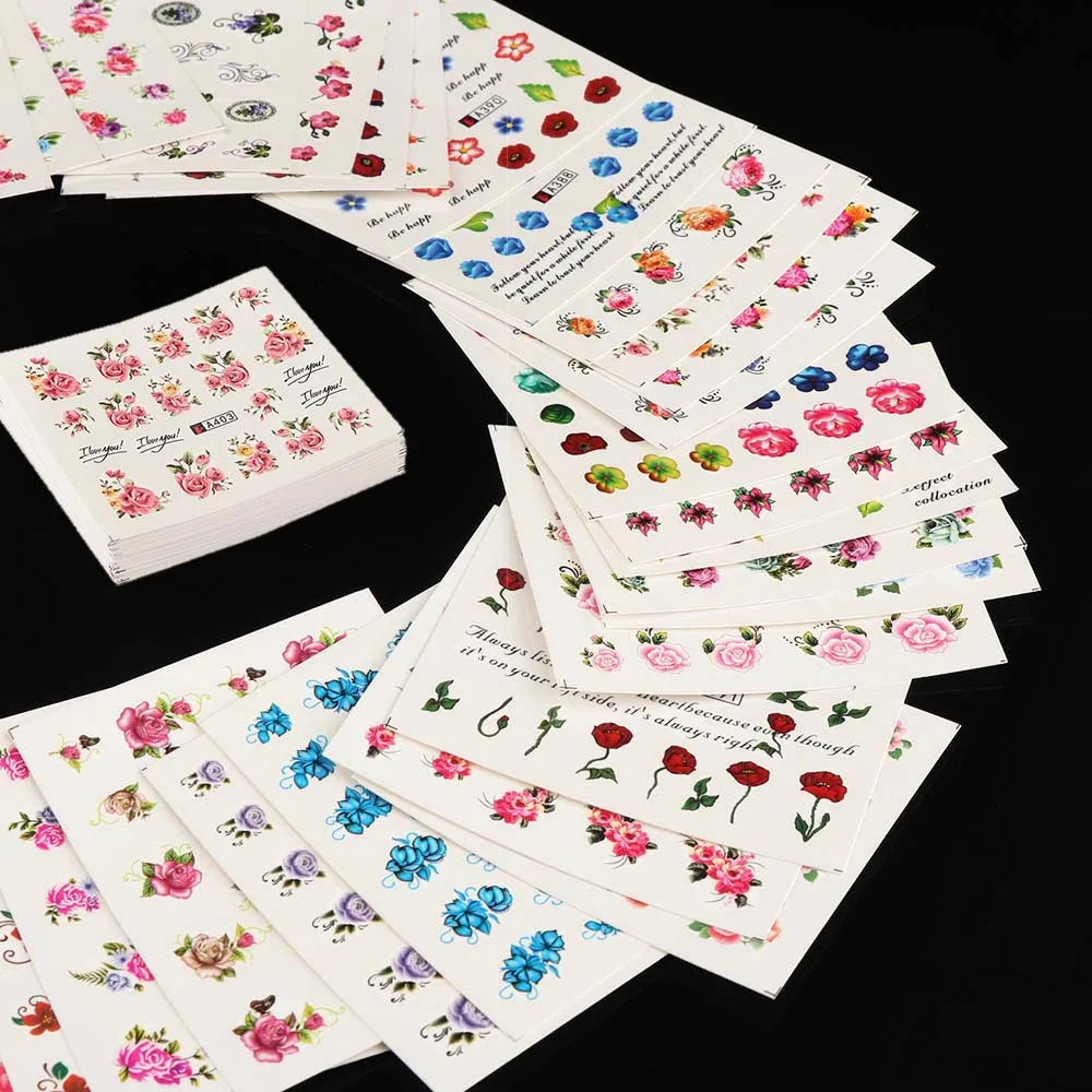 

50 Sheets Beautiful Mixed Flower Nail Stickers 50 Styles Water Transfer Sticker Nail Art Decals DIY Decor Temporary Tattoos