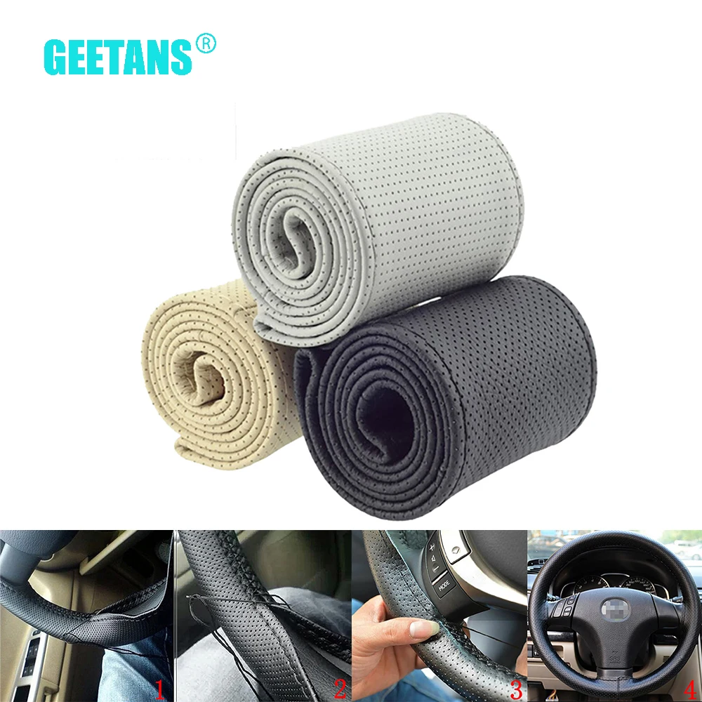 GEETANS Car Steering Wheel Cover DIY 4 color With Needles and Thread Artificial leather Gray/Black/Beige Multi dimension BJ GEETANS Car Steering Wheel Cover DIY 4 color With Needles and Thread Artificial leather Gray/Black/Beige Multi dimension BJ