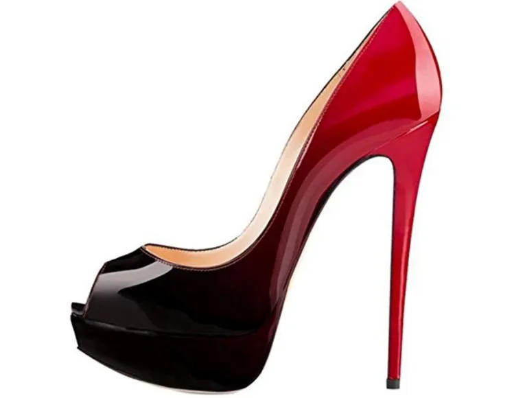 Женские туфли-лодочки из искусственной лакированной кожи, туфли на высоком каблуке, женские туфли на шпильке с открытым носком, женские туфли для вечеринки, свадебные туфли, туфли-лодочки на платформе, большие размеры 35-46 - Цвет: black red