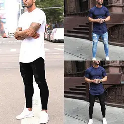 Для мужчин джинсовые рваные брюки стиля гранж тонкие джинсы мужская мода хип-хоп обтягивающие джинсы для Для мужчин стрейч черный high street