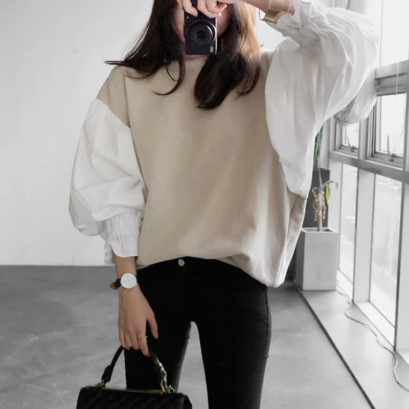 

Winter Round Neck 3/4 Lantern Sleeve Women's Split Joint Short Sweatshirt Japan Korean Sweet Tops Female Oversized Coat Shirts