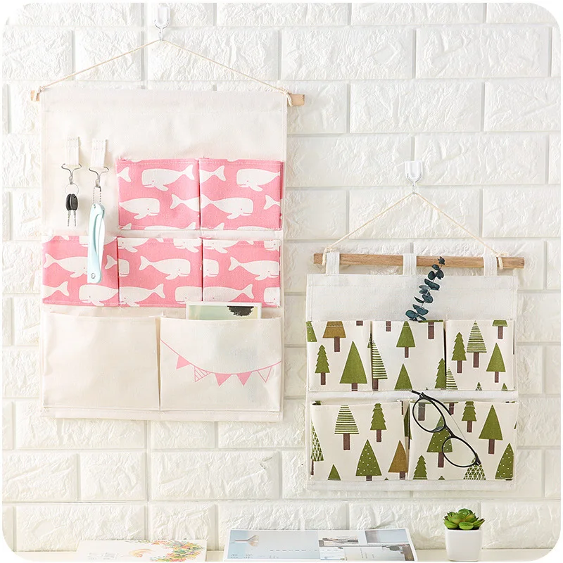 

Cute Cartoon Cotton Linen Hanging Storage Bag 5-7 Pockets Wall Mounted Wardrobe Hang Bag Wall Pouch Cosmetic Toys Organizer