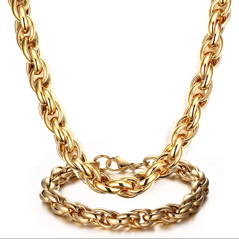 

Mprainbow Mens Necklaces Stainless Steel Wheat Chain Choker Necklace Link Gold Tone Bracelet for Men Fashion Jewelry Set pulser