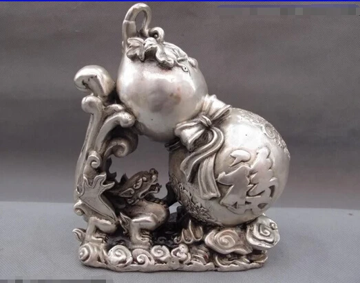 

Collectible bronze lion statue S0076 8"China folk lucky White Copper Silver Fu cucurbit Gourd dragon Fengshui statue