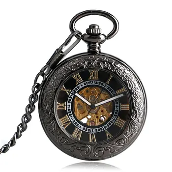 

Auto Pocket Watch Mechanical Black Half Hunter Clock Steampunk Skeleton Fob Watches Classic Design Automatic Relogio De Bolso