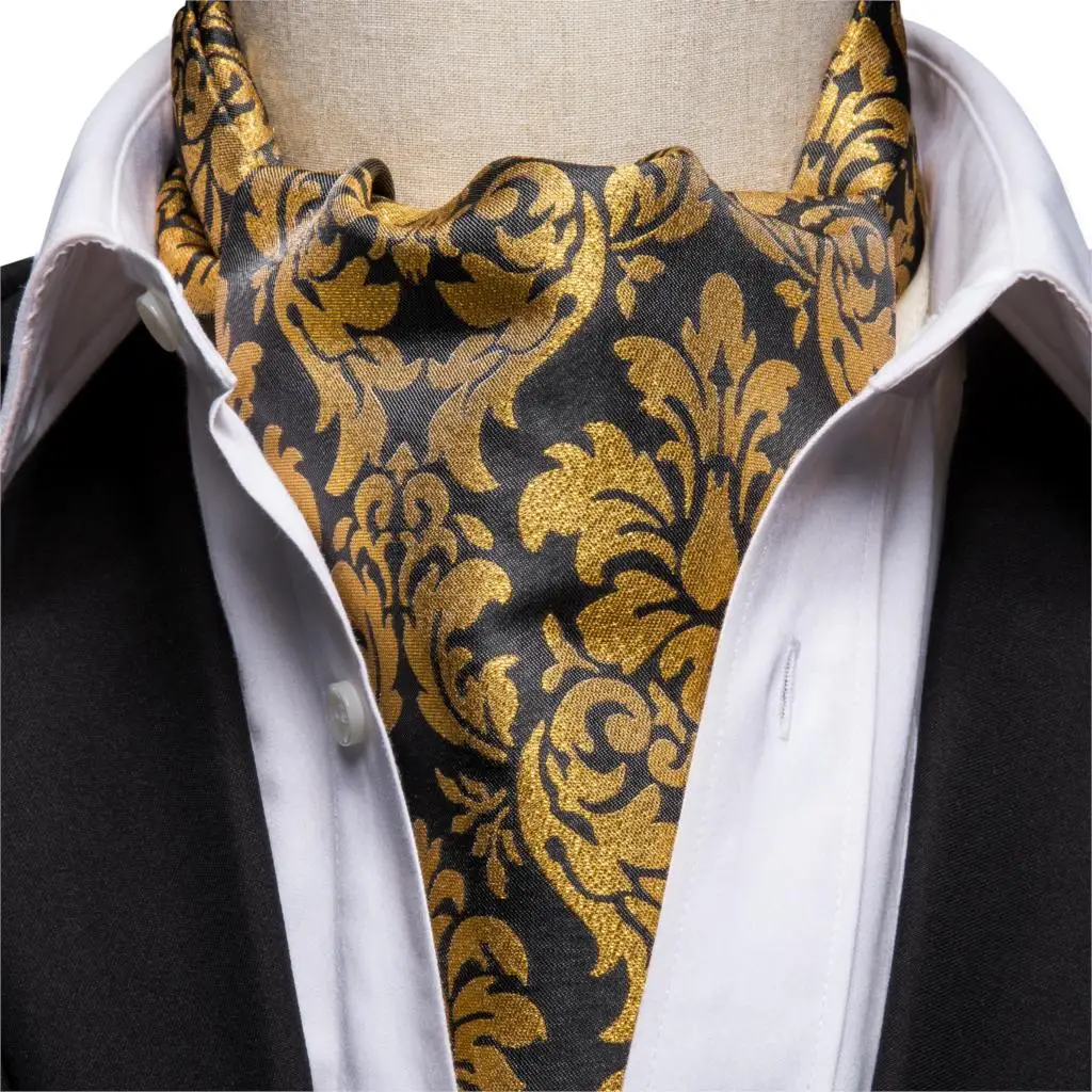 Hi-Tie Men Silk Ascot Gold/Black Cravat Luxury Asoct Ties Floral Necktie Pocket Square Cufflink Set Gift for Wedding AS-1007
