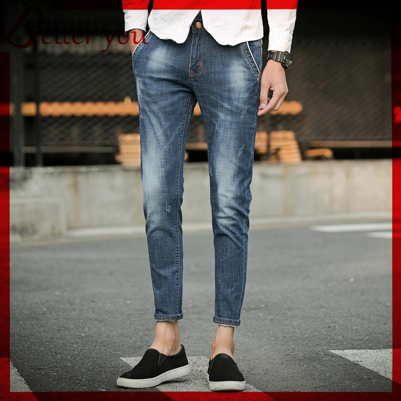 

La Bar 2019 summer men's stretch 9 points jeans wild pencil pants smashed to force cowboy