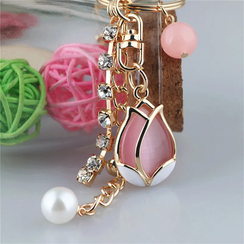 

Crystal Rhinestone Alloy Keychain For Women Handbag Lovely Romantic Tulip Rhinestone Key Ring Car Key Holder Chaveiro