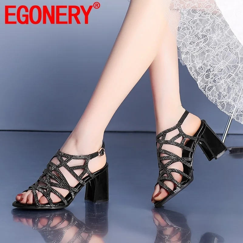 

EGONERY woman shoes 2019 summer new fashion sexy open toe kid suede woman sandals outside buckle crystal ladies shoes size 33-40