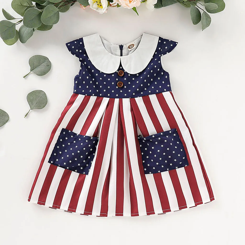 Toddler Girls Dress 4th of July Stars and Striped Patriotic Dress Baby Pocket Dresses Princess 
