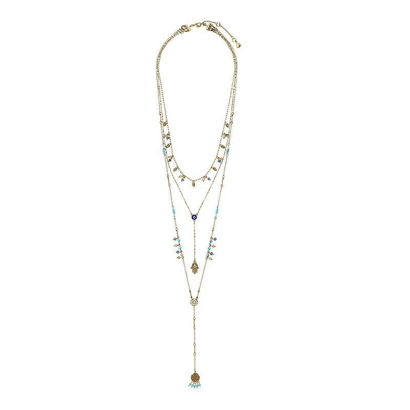

Detachable Chain Mixed Charm Layered Pendant Necklace Women Chic Eye Hand Blue Beads Leaf Vintage Necklace Indian Jewelry